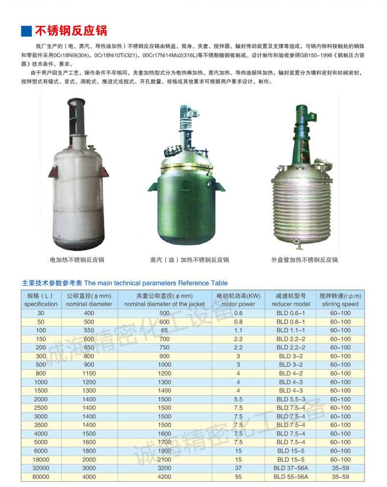 內盤管反應釜規(guī)格參數(shù)表
